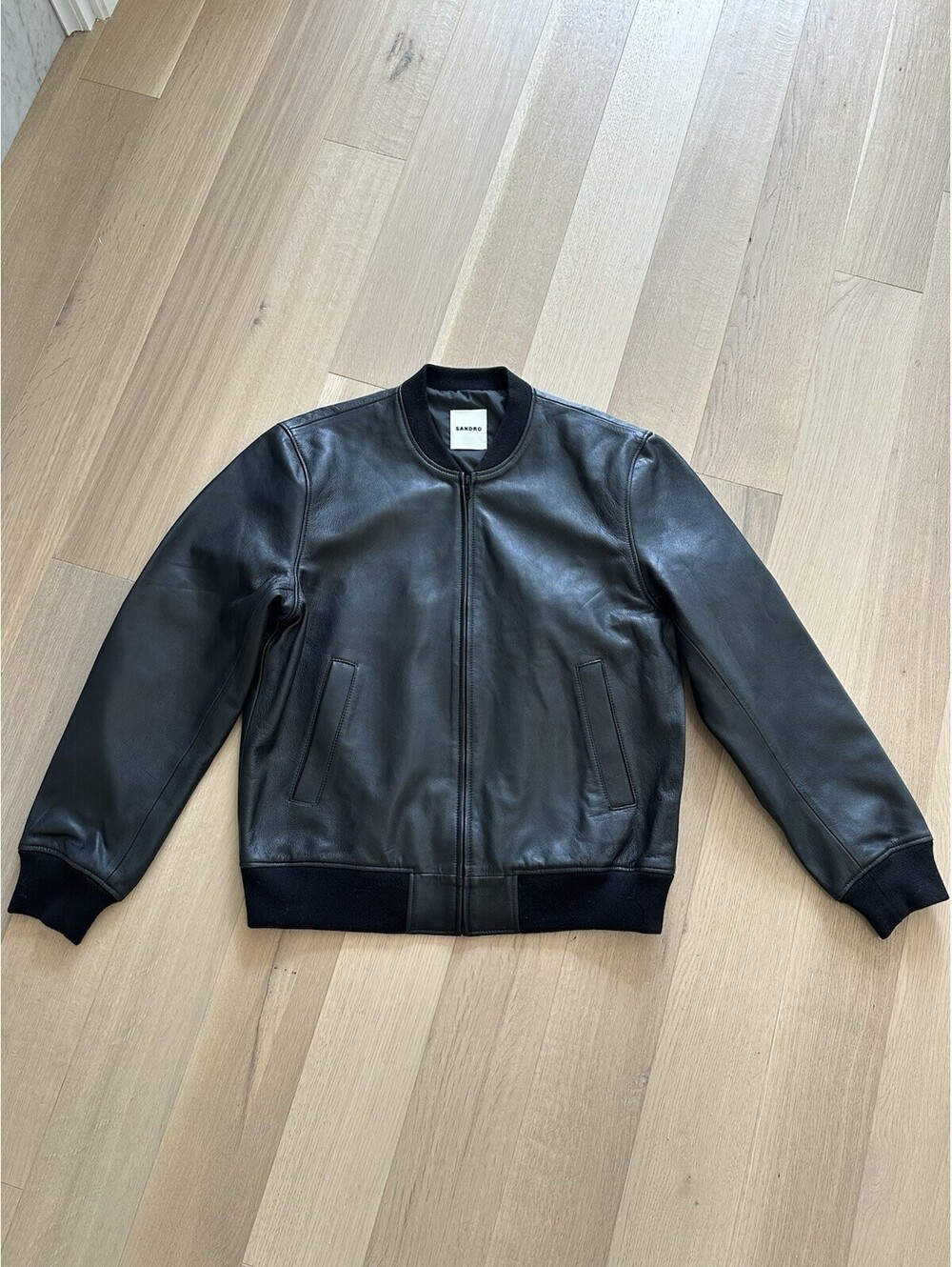 Sandro Black Leather Zip Up Jacket Mens XL